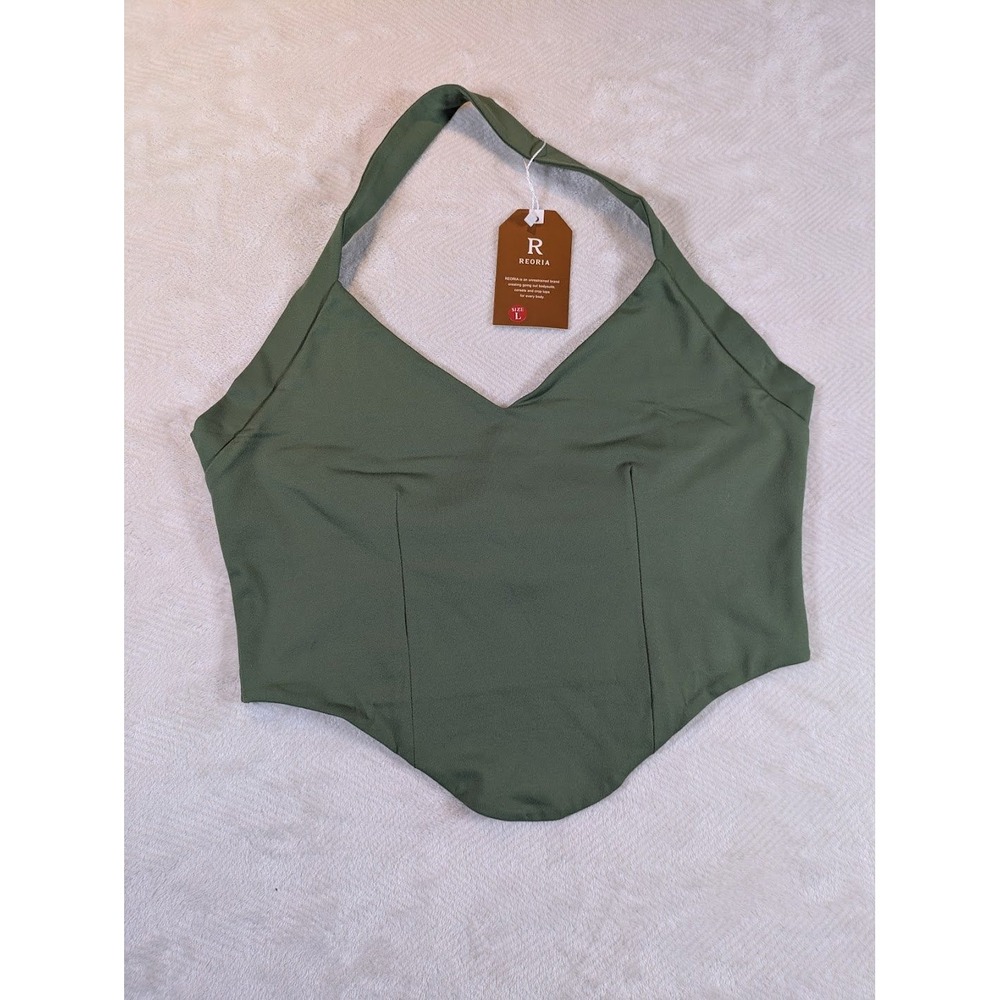 Reoria Olive Green Halter Top Sleeveless V Neck Party Crop Top Size L